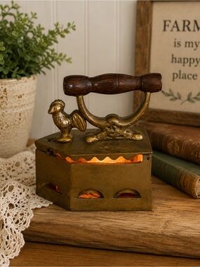 Primitive Brass and Brown Rooster Trinket Box